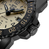 Close up of a Luminox Watch with a black band and case, featuring a Tan face.