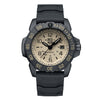 A Luminox Navy SEAL FoundationWatch with a black band and case, featuring a Tan face.