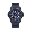 : Front view of the Luminox Navy SEAL Red Bull Ampol Racing Edition Men's 46mm Quartz Watch XS.3501.ARB.N with a blue dial, white numerals and the Red Bull Ampol Racing logo at 6 o'clock. This limited edition Navy SEAL 3500 Series watch features a CARBONOX™ case and a blue rotating dive bezel.