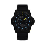 Luminox Navy SEAL Red Bull Ampol Racing Edition Men's 46mm Quartz Watch XS.3501.ARB.N glowing in the dark with Luminox Light Technology. The self-powered tritium tubes on the hands and markers of this limited edition Navy SEAL 3500 Series watch glow constantly for up to 25 years.