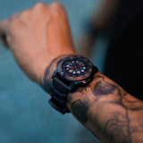 Luminox Navy SEAL Red Bull Ampol Racing Edition Men's 46mm Quartz Watch XS.3501.ARB.N worn on the wrist to show its size and fit. This limited edition Navy SEAL 3500 Series watch features a blue dial, a blue rotating dive bezel and a lightweight CARBONOX™ case.