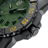 Front view of the Luminox Navy SEAL Foundation Men's 45mm Quartz Watch XS.3517.NSF.SET with a military green dial and yellow markers. This Navy SEAL Foundation 3500 Series watch features a CARBONOX™ case, a rotating dive bezel and a black rubber strap.