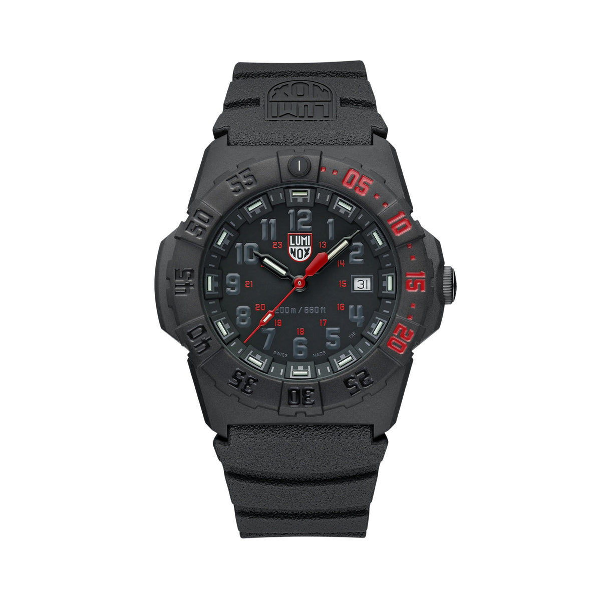 Front view of the Luminox Navy SEAL 3550 Men’s 44mm Quartz Watch XS.3565 with a black dial, U.S. Navy font numerals and a red seconds hand. This Navy SEAL 3550 Series watch features a black CARBONOX™ case, a rotating dive bezel with red markings and an integrated black rubber strap.
