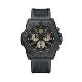 Front view of the Luminox Navy SEAL Chronograph Men’s 45mm Quartz Watch XS.3587 with a black dial and sand-coloured sub-dials and markers. This Navy SEAL Chronograph 3580 Series watch features a black CARBONOX™ case, a black rotating dive bezel and a black rubber strap.