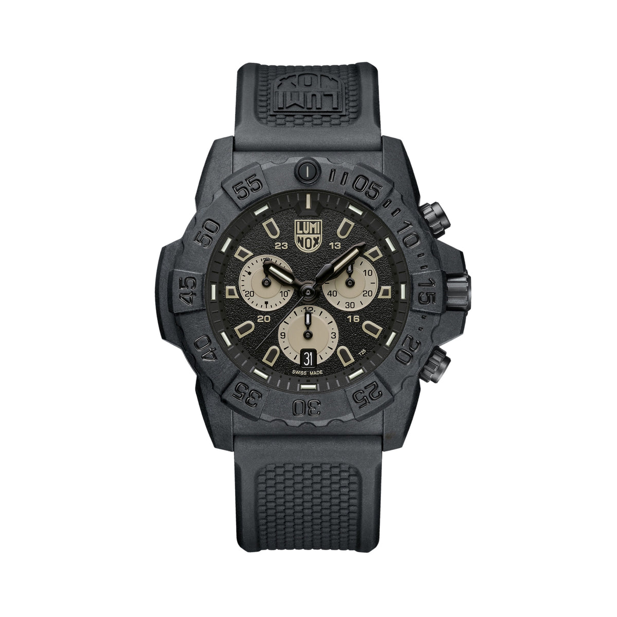 Front view of the Luminox Navy SEAL Chronograph Men’s 45mm Quartz Watch XS.3587 with a black dial and sand-coloured sub-dials and markers. This Navy SEAL Chronograph 3580 Series watch features a black CARBONOX™ case, a black rotating dive bezel and a black rubber strap.