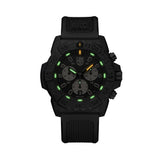Luminox Navy SEAL Chronograph Men’s 45mm Quartz Watch XS.3587 glowing in the dark with Luminox Light Technology. The self-powered tritium tubes on the hands, sub-dial hands and hour markers of this Navy SEAL Chronograph 3580 Series watch glow constantly for up to 25 years.