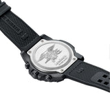 Back view of the Luminox Navy SEAL Chronograph Men’s 45mm Quartz Watch XS.3587 showing the screw-in case back. This Navy SEAL Chronograph 3580 Series watch is water resistant to 200m and comes on a black rubber strap.