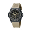 Front view of the Luminox Navy SEAL Foundation Men's 45mm Quartz Chronograph Watch XS.3590.NSF.SET with a black dial, sand details and three sub-dials. This Navy SEAL Foundation Chronograph features a black CARBONOX™ case, a rotating dive bezel and a sand rubber strap.
