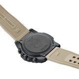 Back view of the Luminox Navy SEAL Foundation Men's 45mm Quartz Chronograph Watch XS.3590.NSF.SET showing the case back. This Navy SEAL Foundation Chronograph is water resistant to 200m and comes with sand rubber and jungle green webbing straps.