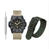 Lume: Luminox Navy SEAL Foundation Men's 45mm Quartz Chronograph Watchwith beige strap and green NATO strap, along with a tool on a white background