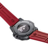 Behind image of a Luminox Watch Case with a red rubber band 