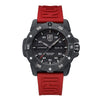 A Luminox Master Carbon SEAL Automatic 45 mm Military Dive Watch with a red band and black case, featuring a digital display and day-date function.