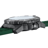 Close up of the side of a Luminox Watch with a green band