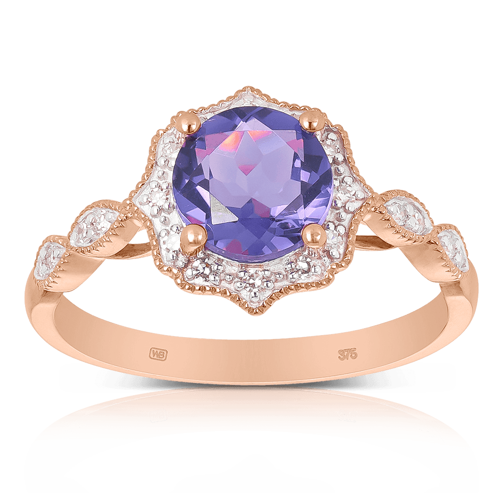 Amethyst & Diamond Halo Ring in 9ct Rose Gold