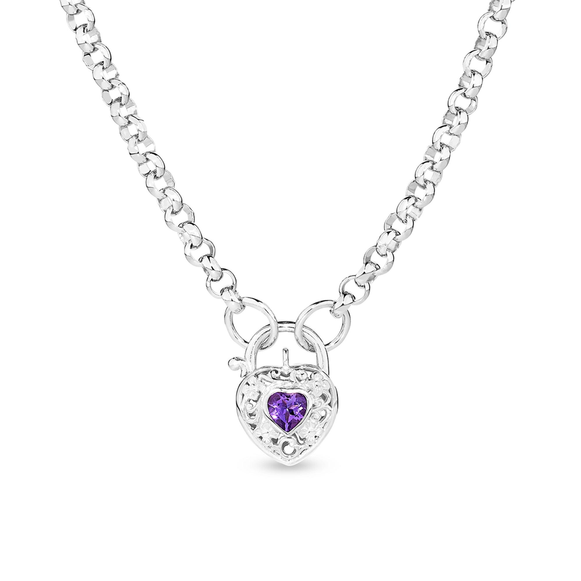 Amethyst Filigree Heart Padlock Necklace in Sterling Silver