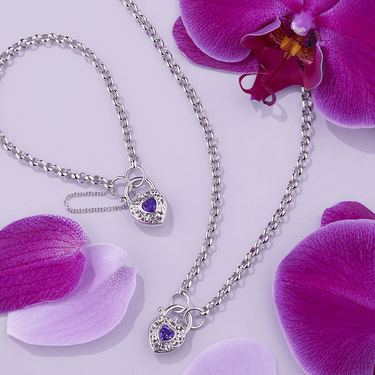 Amethyst Filigree Heart Padlock Necklace in Sterling Silver