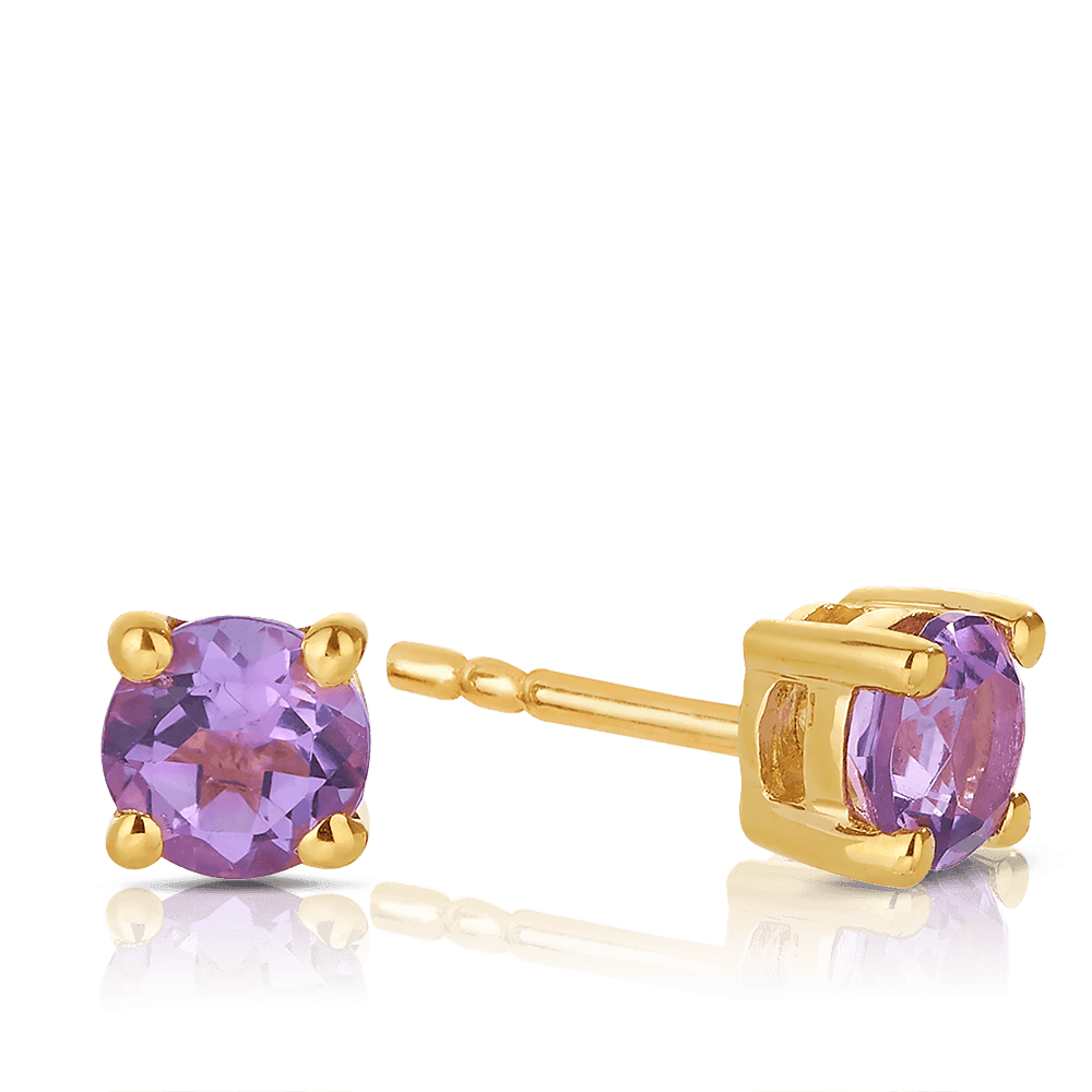 Amethyst Round Stud Earrings in 9ct Yellow Gold