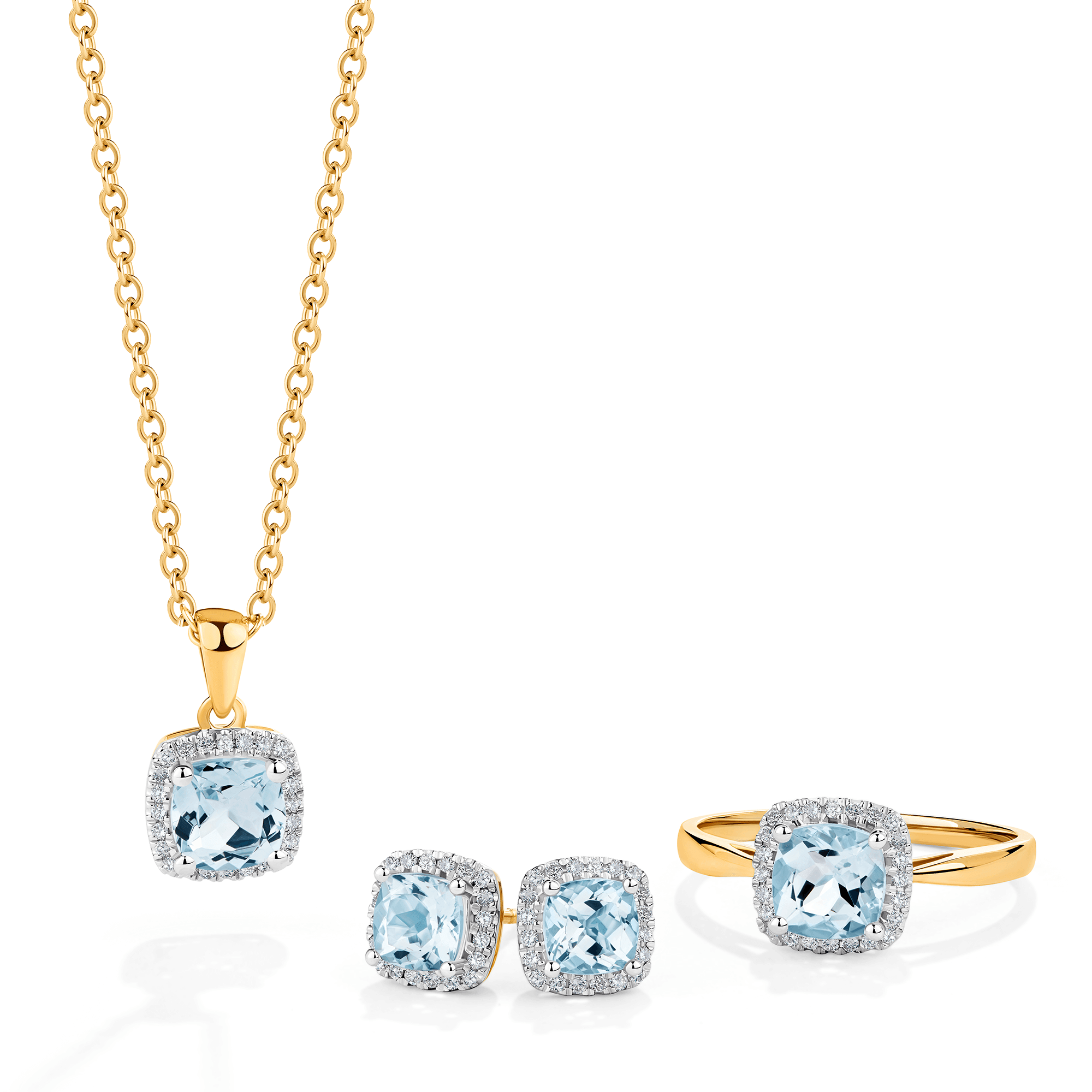 Aquamarine & Diamond Cushion Halo Stud Earrings in 9ct Yellow Gold