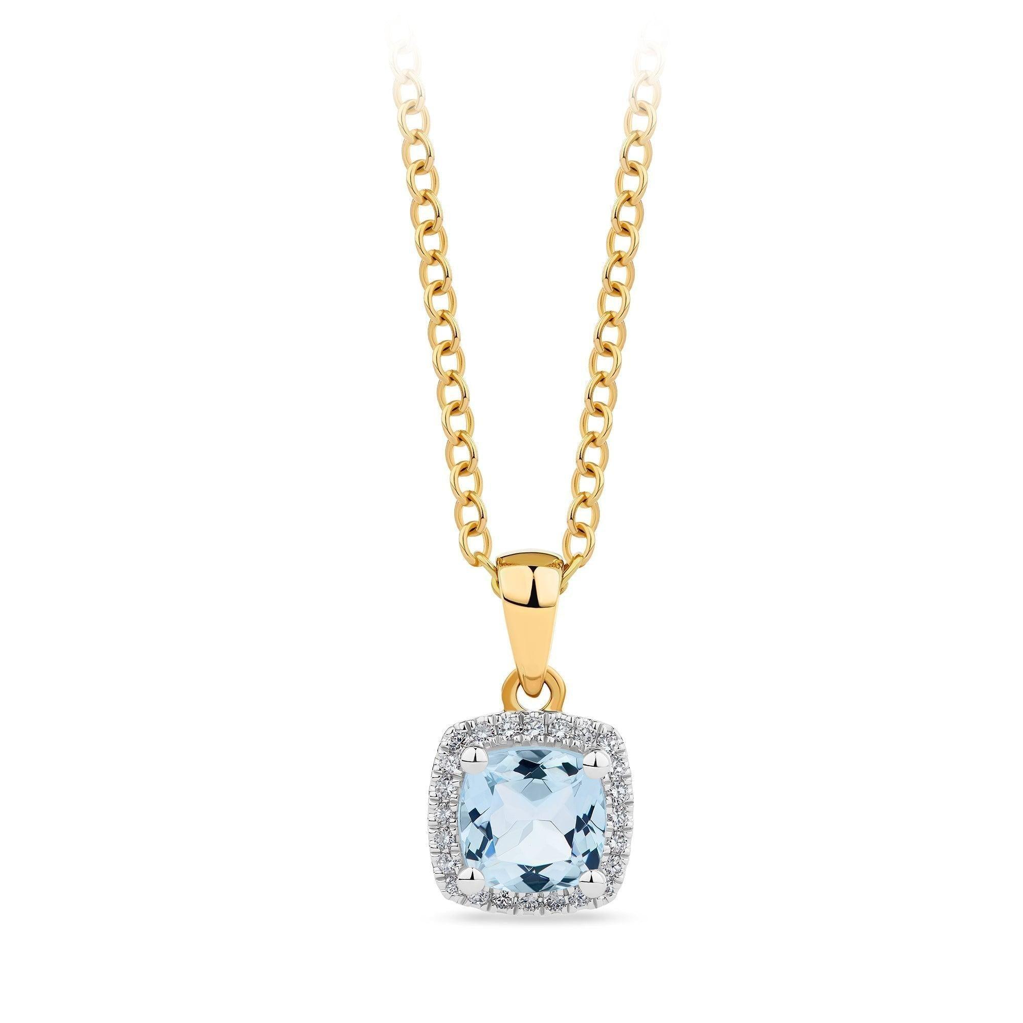 Aquamarine and Diamond Cushion Pendant in 9ct Yellow Gold
