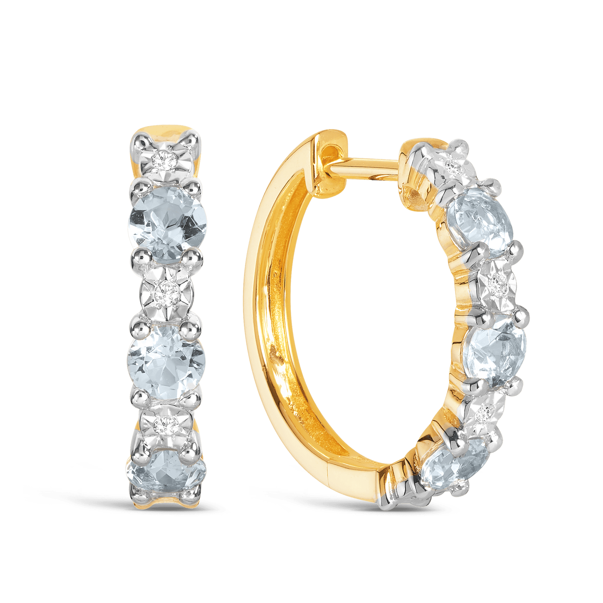 Aquamarine & Diamond Huggie Hoop Earrings in 9ct Yellow Gold