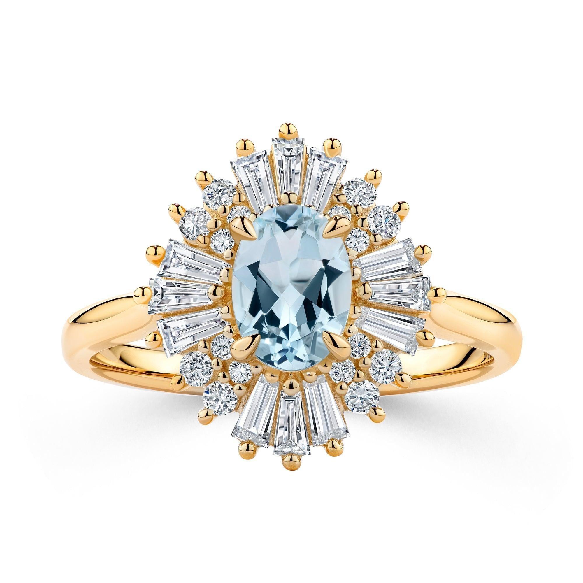 Aquamarine Diamond Ballerina Ring in 9ct Yellow Gold