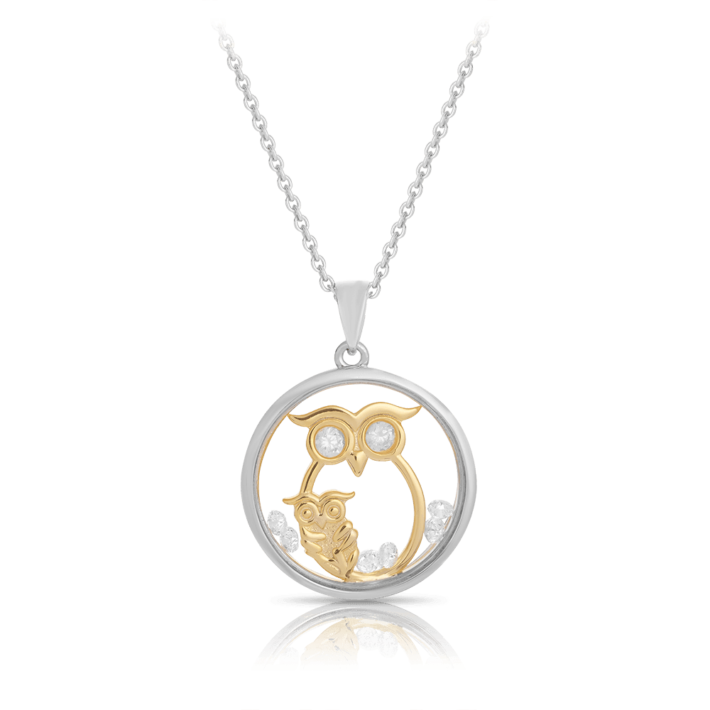 ASTRA The Owl Cubic Zirconia Circle Necklace in Sterling Silver & Gold Plated - Wallace Bishop