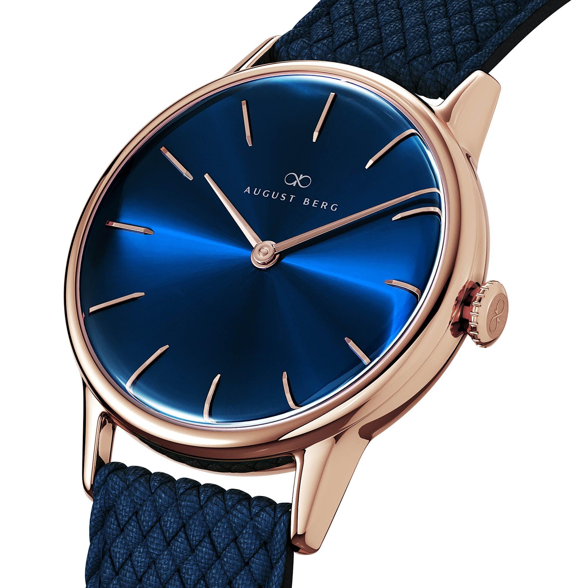 August Berg Women's Serenity Rose PVD Quartz Fashion 32mm Watch Blue Dial 10232A05VBL