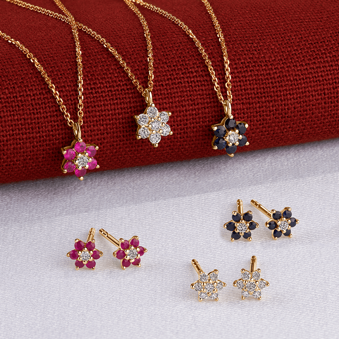 Blue Sapphire & Diamond Petite Flower Pendant in 9ct Yellow Gold