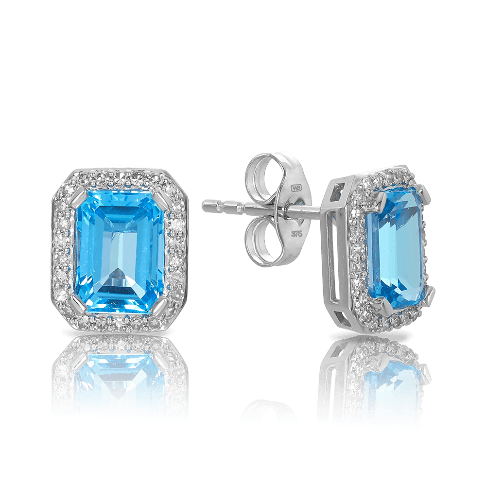Blue Topaz & Diamond Halo Stud Earrings in 9ct White Gold - Wallace Bishop