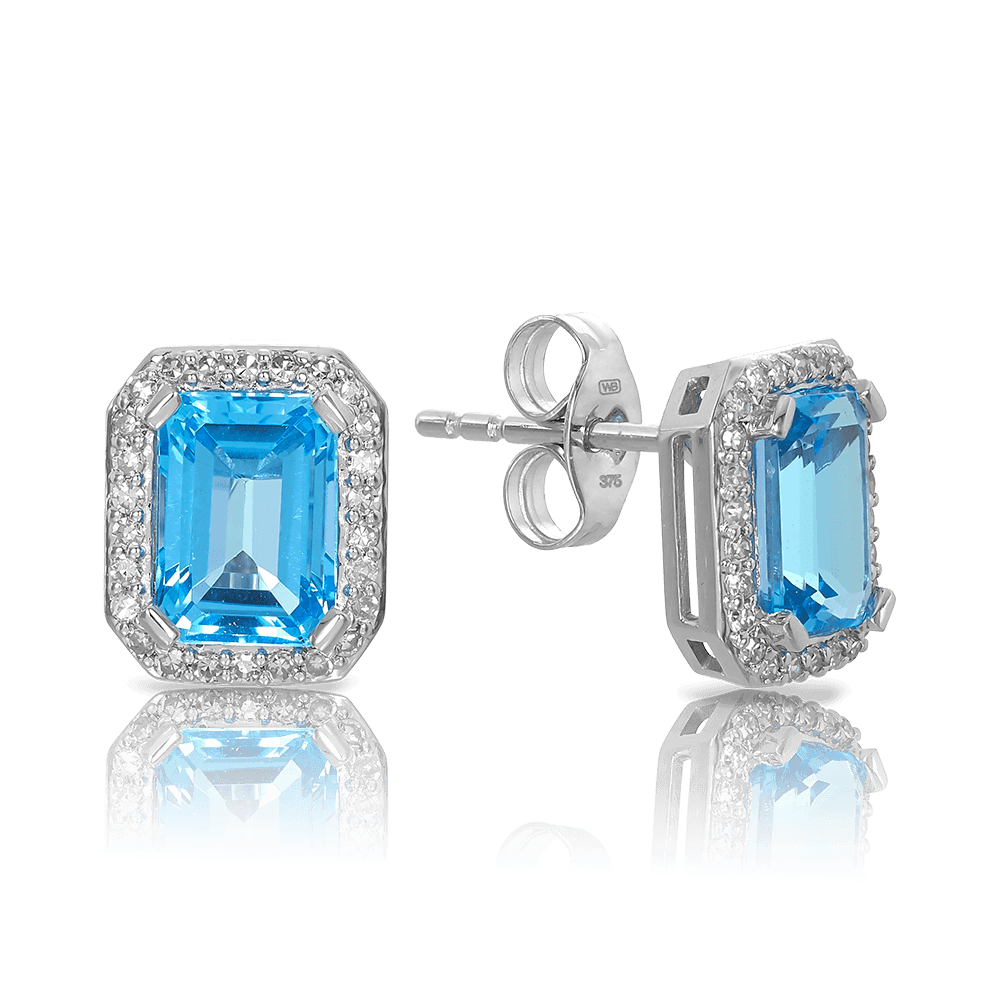 Blue Topaz Diamond Halo Stud Earrings in 9ct White Gold