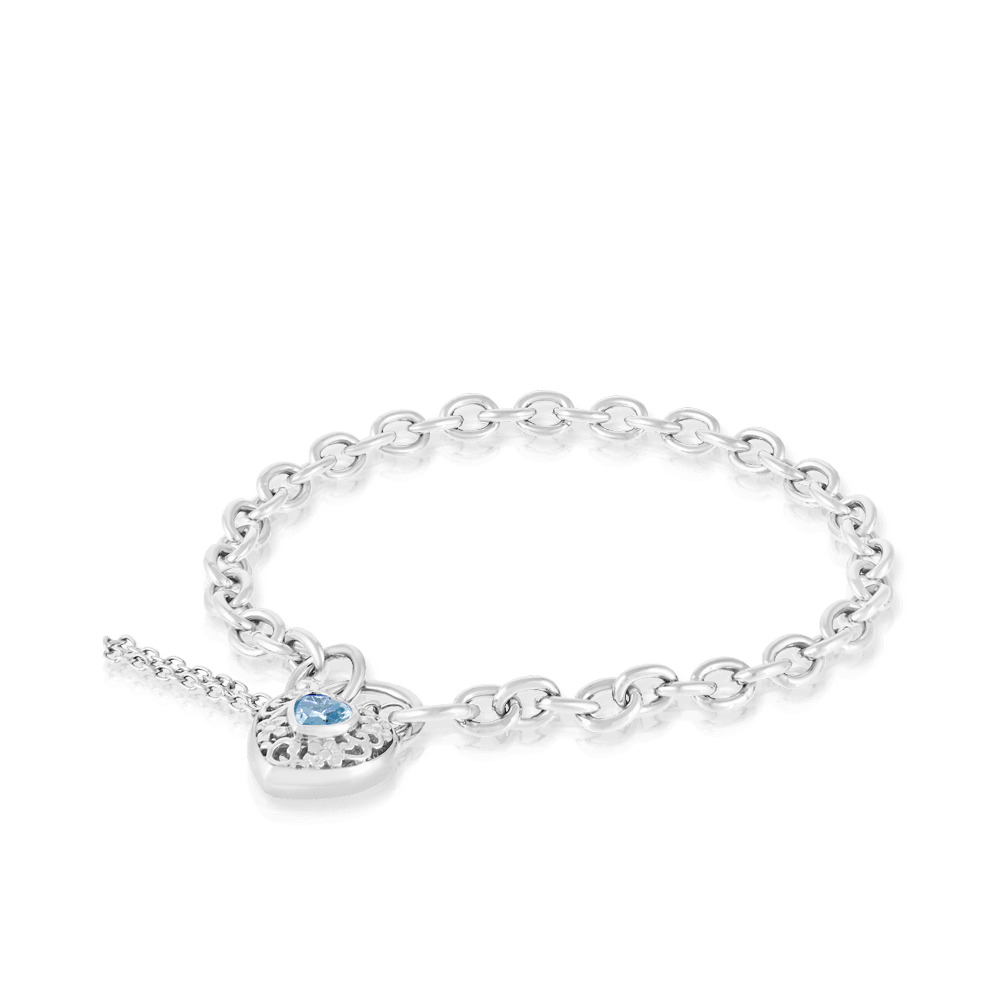 Blue Topaz Filigree Heart Padlock Bracelet in Sterling Silver