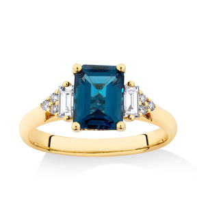 Bluebird London Blue Topaz & 0.26ct TW Diamond Ring in 9ct Yellow Gold - Wallace Bishop