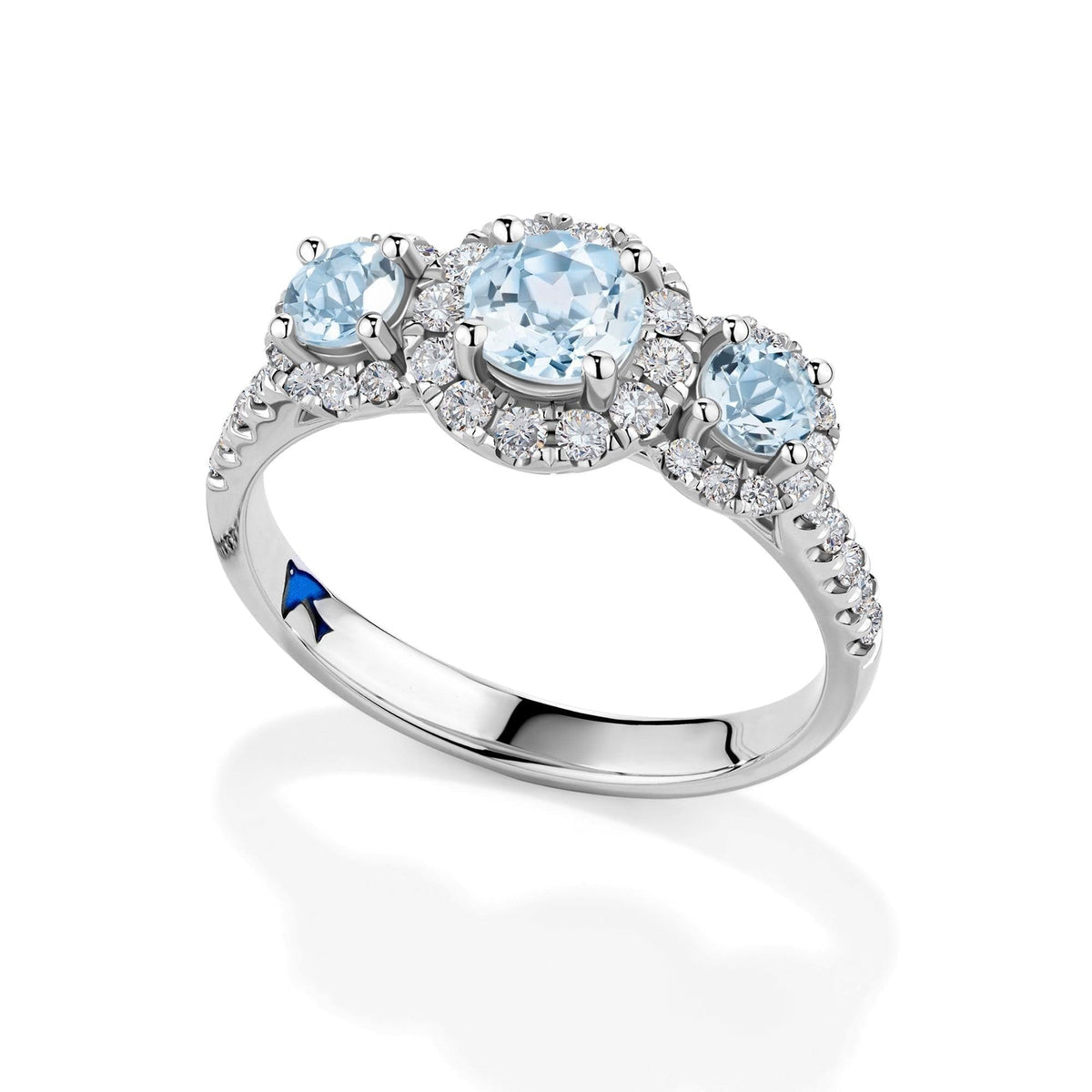 Bluebird of Happiness® Aquamarine and Diamond Halo Trilogy Ring in 9ct White Gold