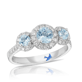 Bluebird of Happiness® Aquamarine and Diamond Halo Trilogy Ring in 9ct White Gold