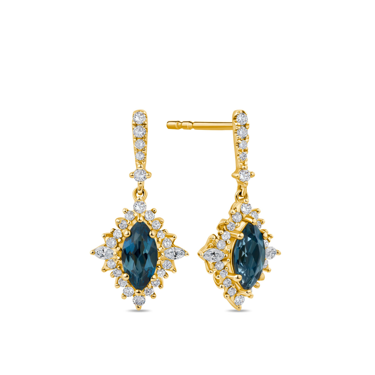 Bluebird™ London Blue Topaz & 0.30ct Diamond Marquise Halo Drop Earrings in 9ct Yellow Gold - Wallace Bishop