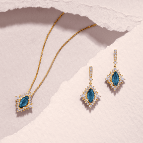 Bluebird™ London Blue Topaz & 0.30ct Diamond Marquise Halo Drop Earrings in 9ct Yellow Gold - Wallace Bishop