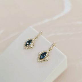 Bluebird™ London Blue Topaz & 0.30ct Diamond Marquise Halo Drop Earrings in 9ct Yellow Gold - Wallace Bishop