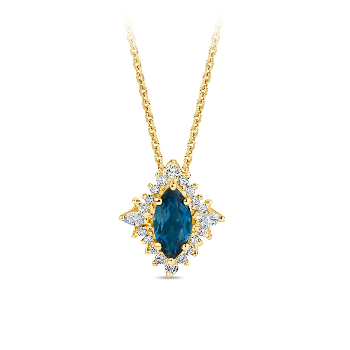 Bluebird™ London Blue Topaz & Diamond Marquise Halo Pendant in 9ct Yellow Gold - Wallace Bishop