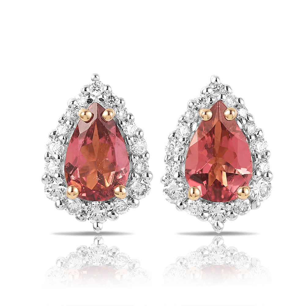 Bluebird™ Pink Tourmaline & 0.19ct TW Diamond Pear Halo Stud Earrings in 9ct Yellow Gold