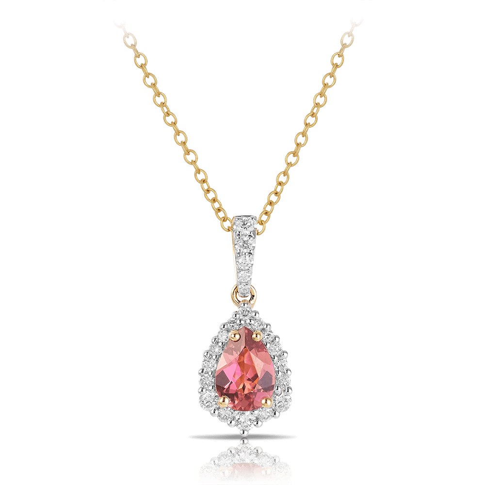 Bluebird™ Pink Tourmaline & 0.20ct TW Diamond Halo Pendant in 9ct Yellow Gold