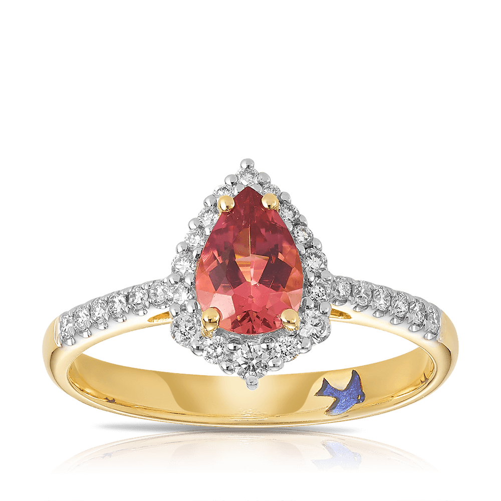 Bluebird™ Pink Tourmaline & 0.25ct TW Diamond Pear Halo Ring in 9ct Yellow Gold