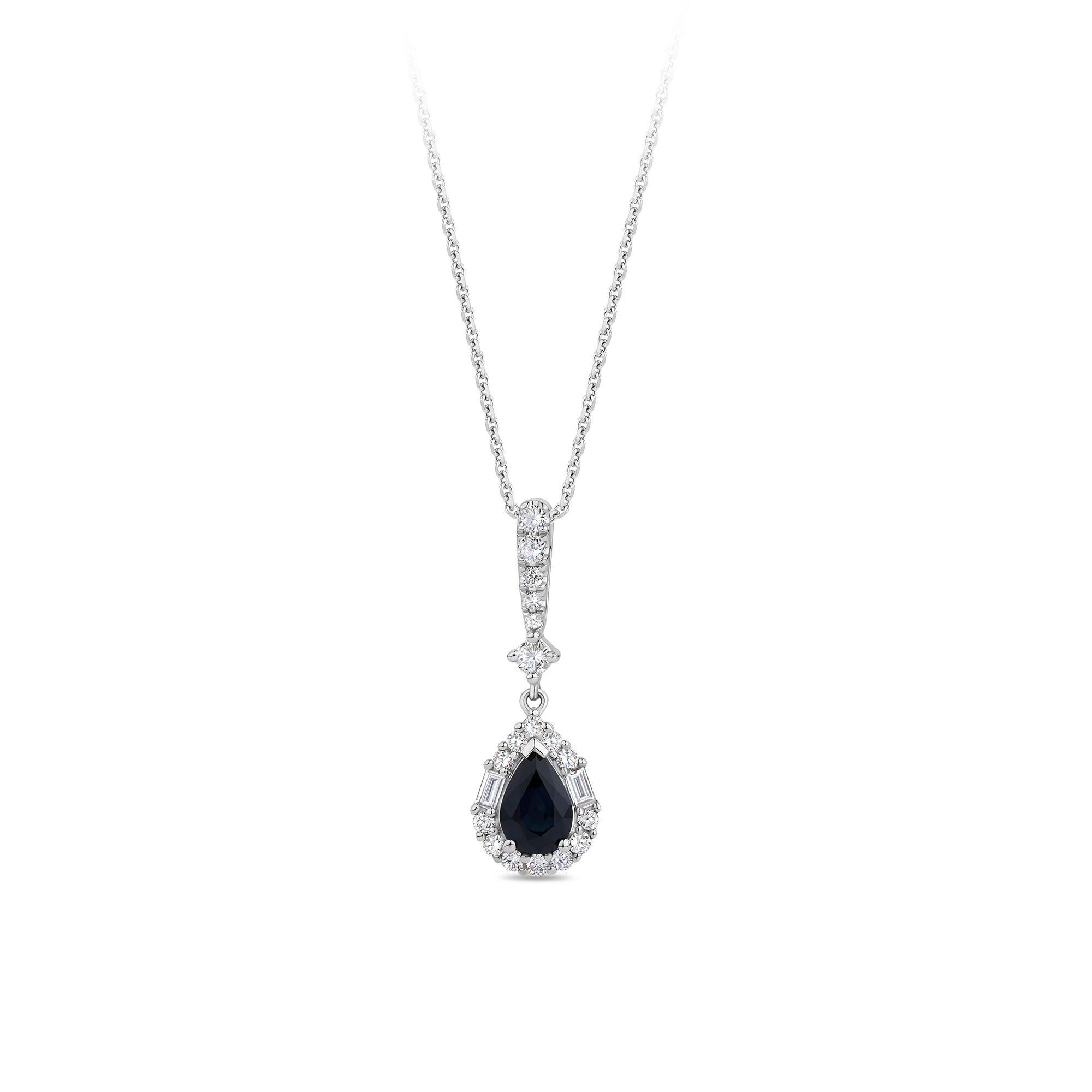 Bluebird™ Sapphire & 0.22ct Diamond Pear Halo Pendant with Chain in 9ct White Gold