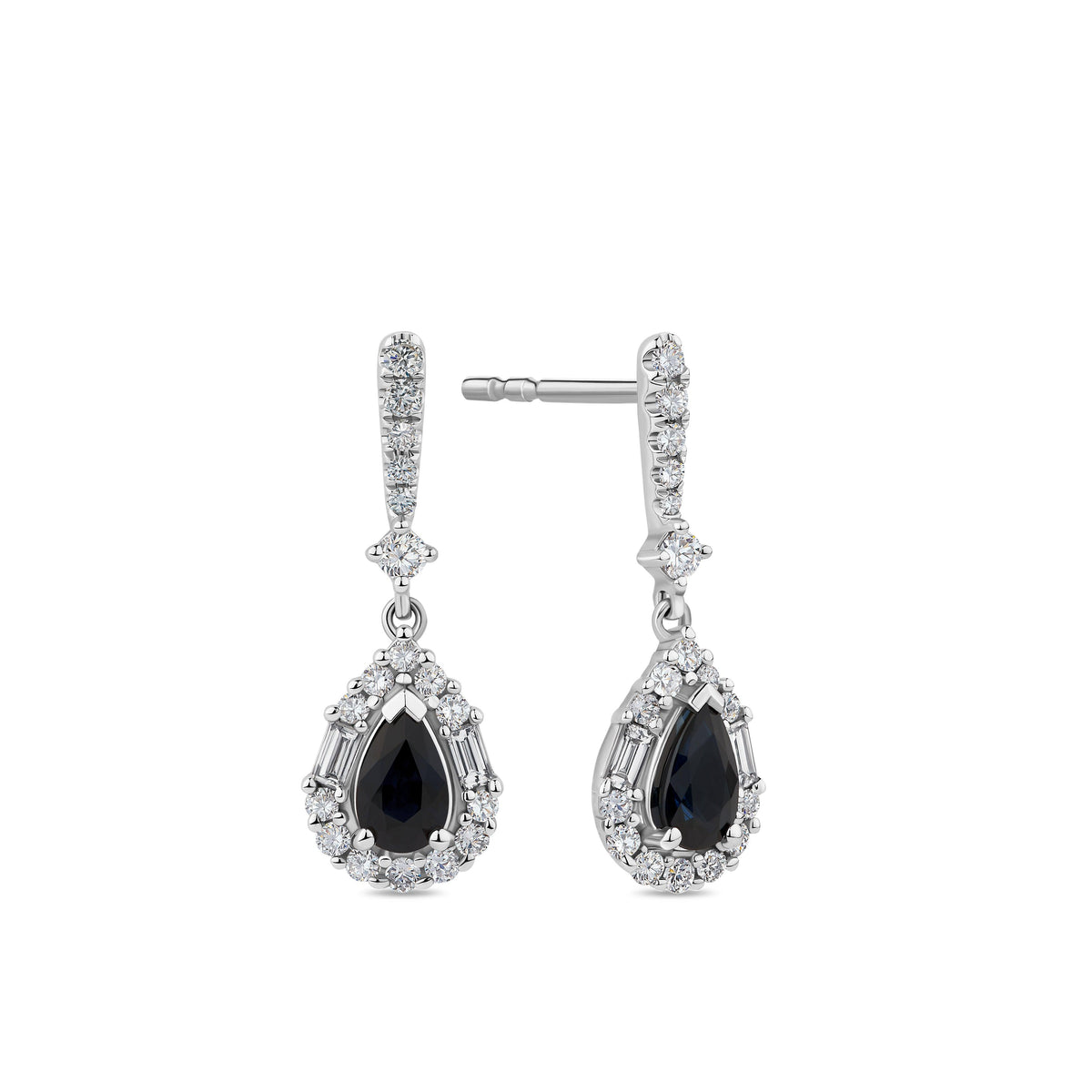 Bluebird™ Sapphire & 0.28ct Diamond Pear Halo Drop Earrings in 9ct White Gold - Wallace Bishop