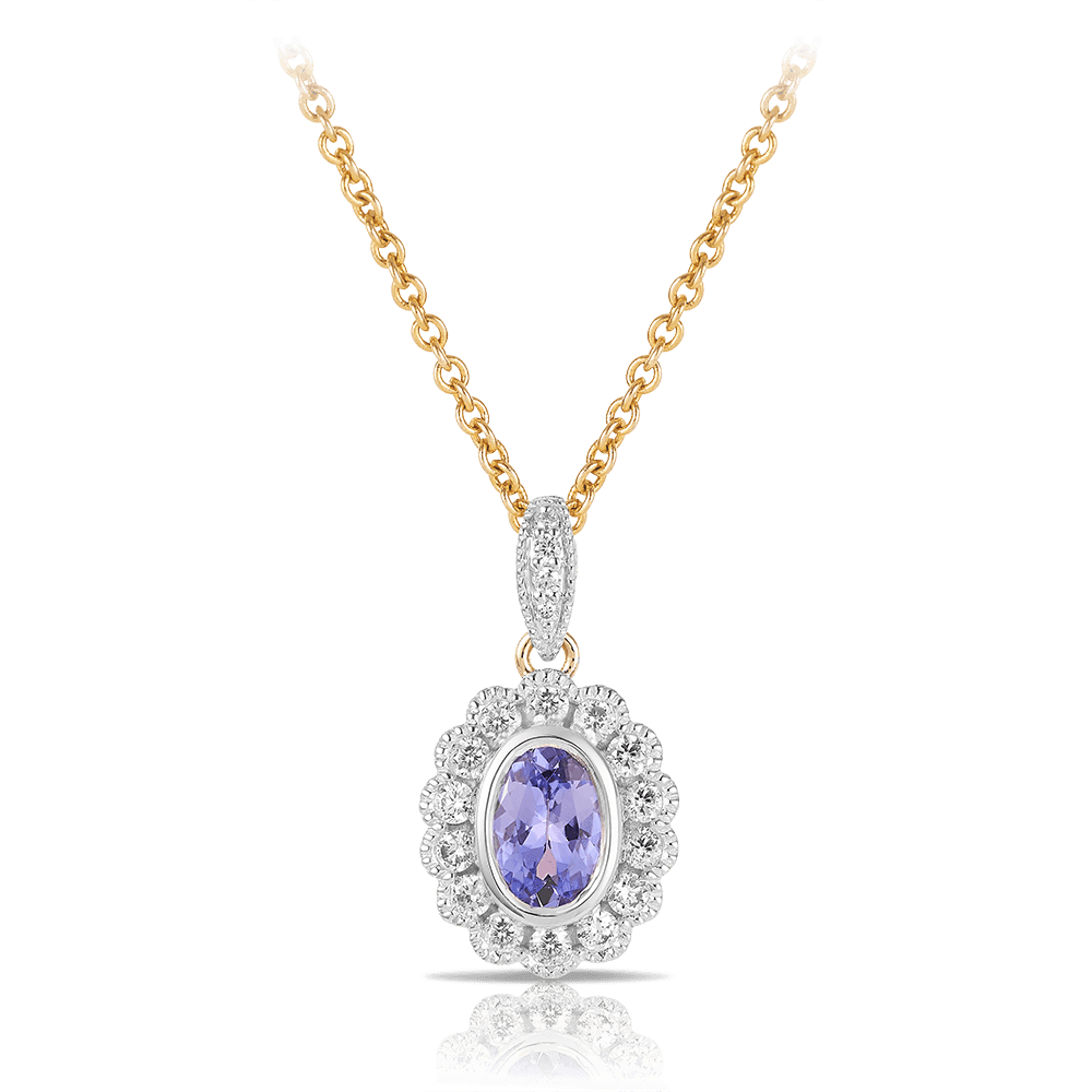 Bluebird™ Tanzanite & 0.22ct TW Diamond Halo Pendant in 9ct Yellow & White Gold
