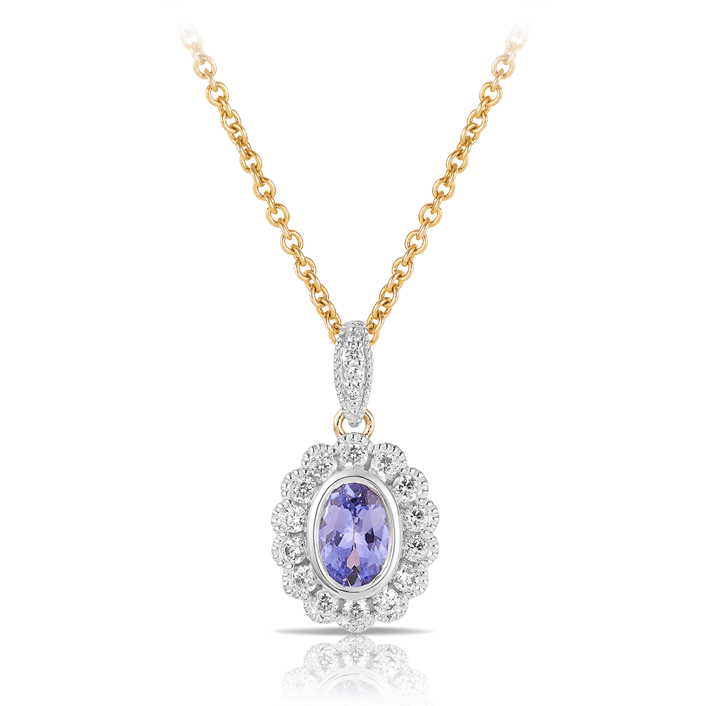 Bluebird™ Tanzanite & 0.22ct TW Diamond Halo Pendant in 9ct Yellow & White Gold - Wallace Bishop