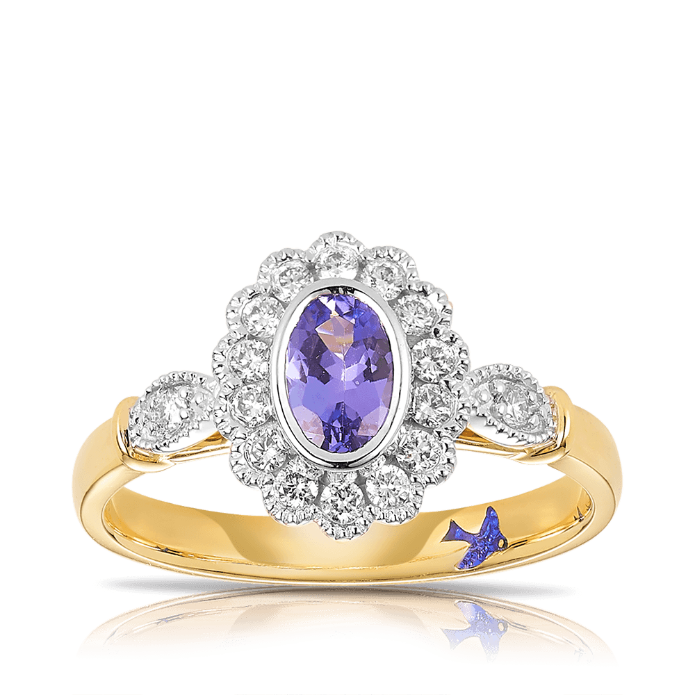 Bluebird™ Tanzanite & 0.25ct TW Diamond Halo Ring in 9ct Yellow and White Gold