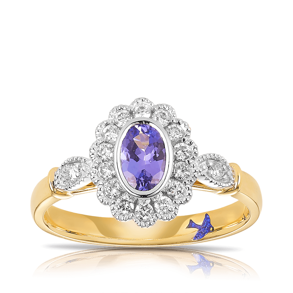 Bluebird™ Tanzanite & 0.25ct TW Diamond Halo Ring in 9ct Yellow and White Gold - Wallace Bishop