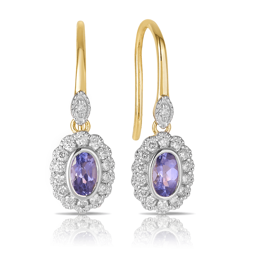 Bluebird™ Tanzanite & 0.27ct TW Diamond Halo Drop Earrings in 9ct Yellow & White Gold