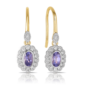 Bluebird™ Tanzanite & 0.27ct TW Diamond Halo Drop Earrings in 9ct Yellow & White Gold - Wallace Bishop