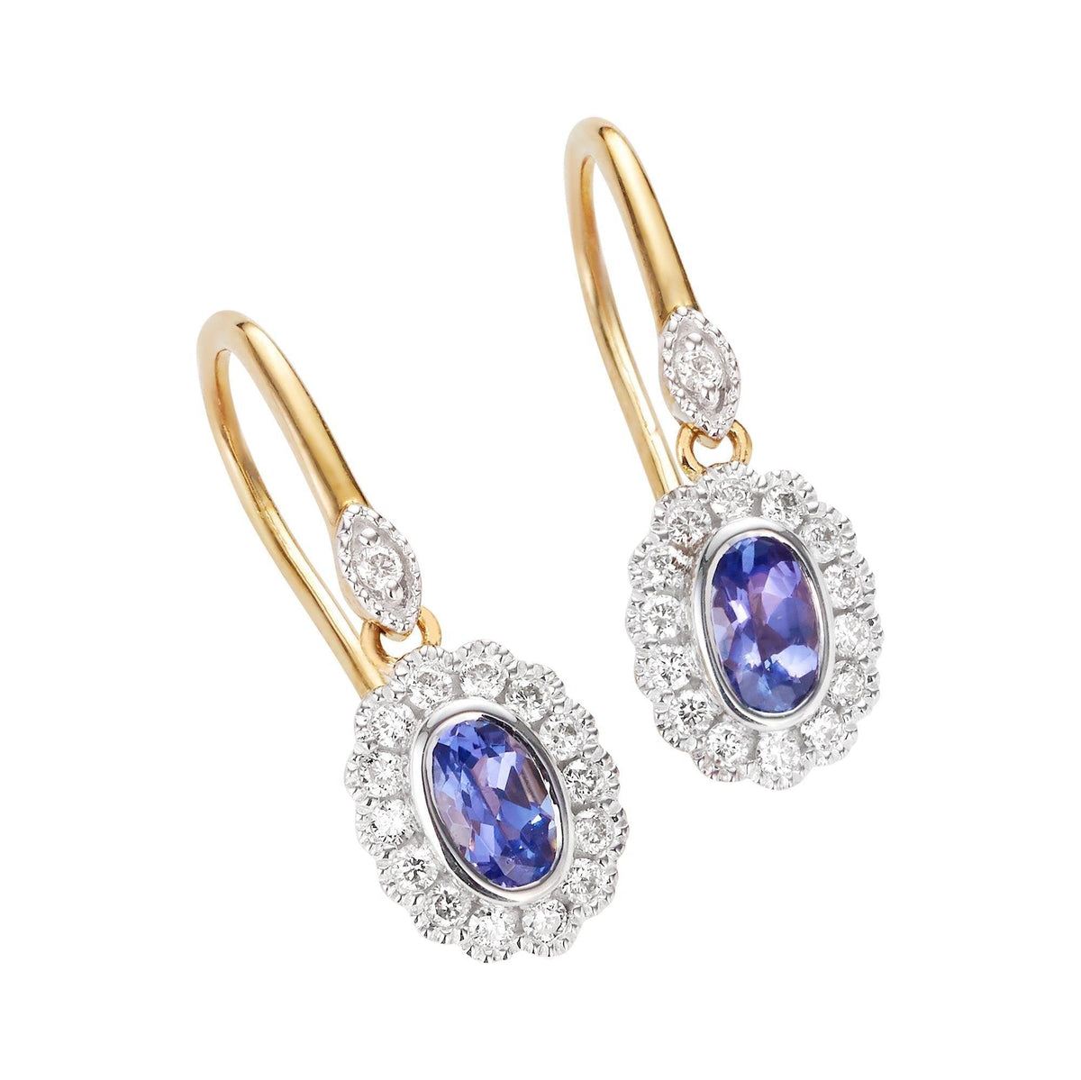 Bluebird™ Tanzanite & 0.27ct TW Diamond Halo Drop Earrings in 9ct Yellow & White Gold - Wallace Bishop